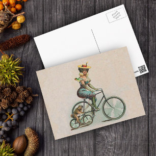 Carte Postale Vélo vintage Victorien Lady Chien