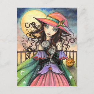 Carte Postale Vents d'Halloween Sorcière Chat Tabby Art