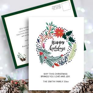 Carte Postale Verdure rustique Poinsettia Rouge Fleur Wreath Chi