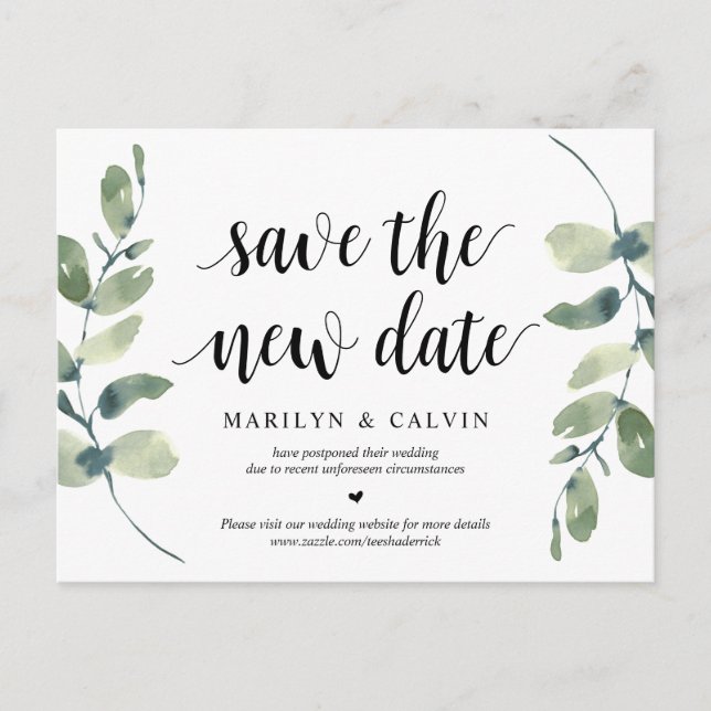 Carte Postale Verdure, Sauvez la nouvelle date, Mariage reporté (Devant)