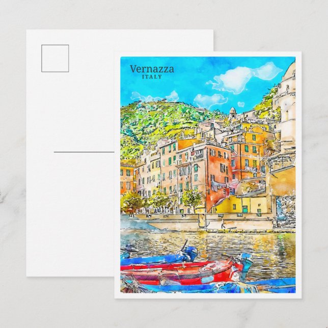 Carte Postale Vernazza Italie vin voyage aquarelle (Devant / Derrière)