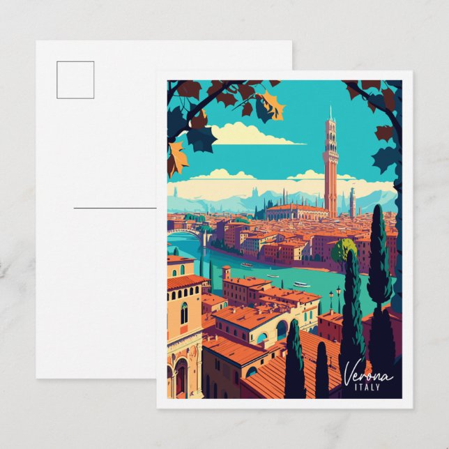 Carte Postale Vérone Italie illustration de voyage vintage (Devant / Derrière)