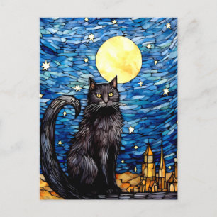 Carte Postale Verre tendu Chat noir Starry nuit