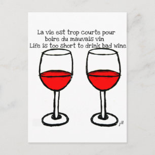 CARTE POSTALE VERRES DE VIN ROUGE AVEC QUOTE FRANÇAIS ANGLAIS