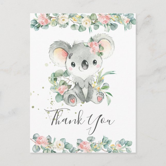 Carte Postale Vert floral rose Cute Koala Merci (Devant)