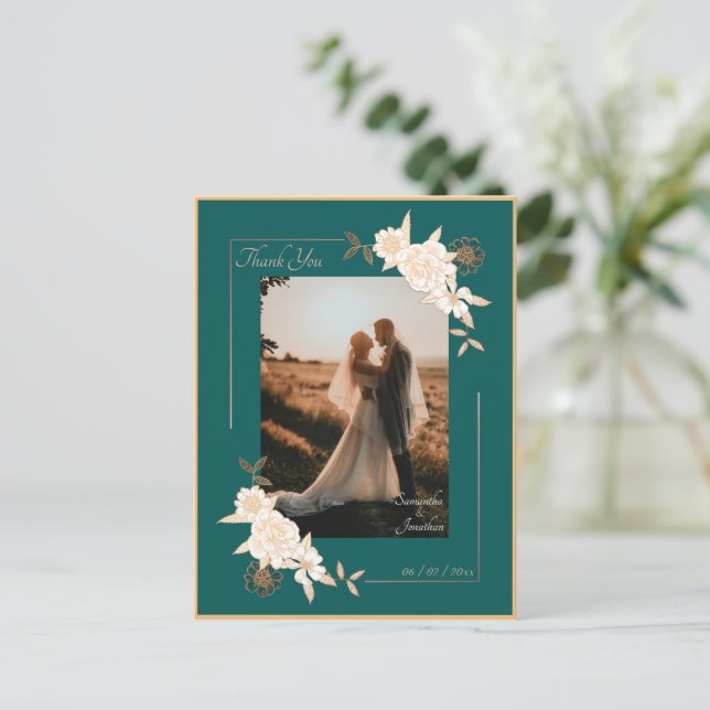 Carte Postale Vert foncé avec Rose Mariage Merci de crème (Debout devant)