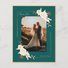 Carte Postale Vert foncé avec Rose Mariage Merci de crème