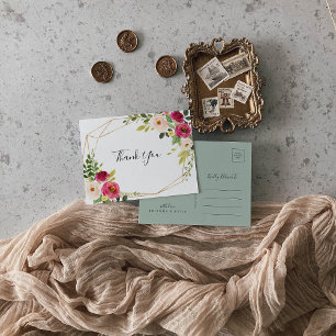 Carte Postale Vert géométrique or Merci rose pâle