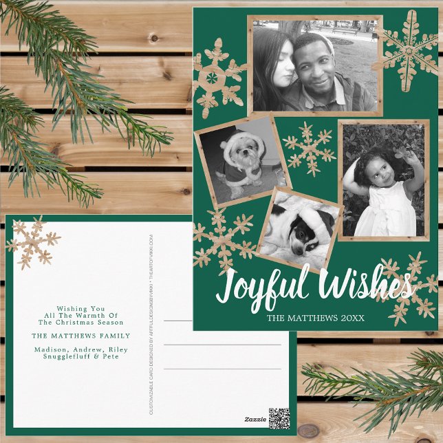 Carte Postale Vert moderne Flocon de neige rustique 4 Photo Noël (Personalize these rustic snowflake holiday postcards for one of a kind Christmas cheer this year.)