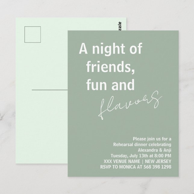 Carte Postale Vert sauge une soirée amusante entre amis Dîner de (Devant / Derrière)