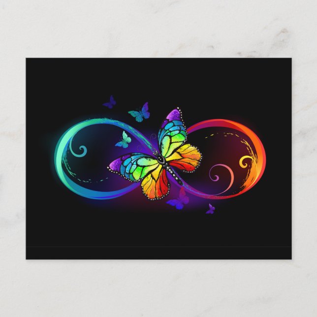 Carte Postale Vibrant infinity with rainbow butterfly on black (Devant)