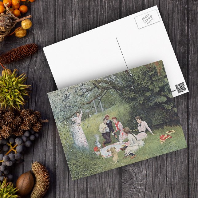 Carte postale Victorian (Victorian family picnic with dog in the woods on postcard.)