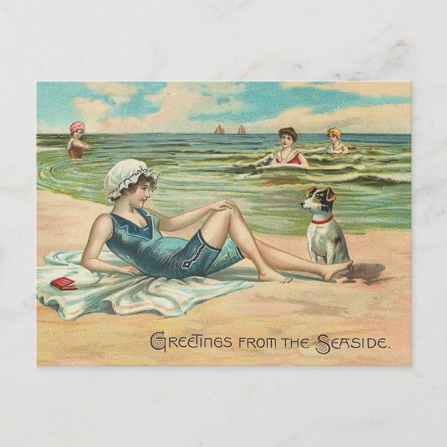Carte Postale Victorian Beach Swim Girl Ocean Summer Vacances (Devant)