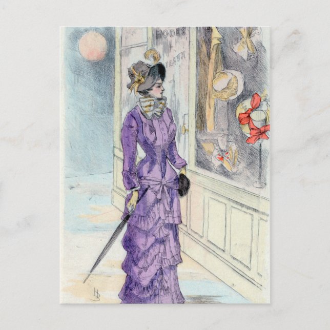 Carte Postale Victorian Femme Purple Robe Fenêtre Shopping (Devant)