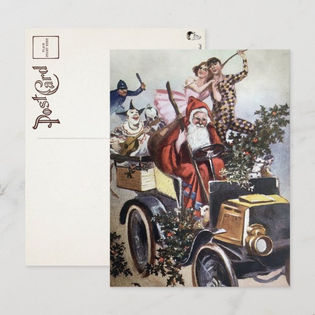 Carte postale victorienne de Père Noël en voiture (Devant / Derrière)