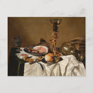 Carte Postale Vie morte avec jambon, livres et vaisseaux ornemen