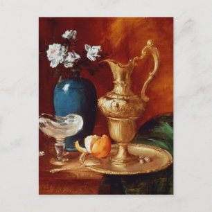 Carte Postale Vie morte d'une eau dorée, vase de fleurs
