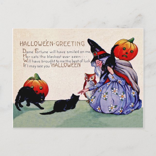 Carte Postale Vieille sorcière avec chats citrouille et noirs, v (Devant)