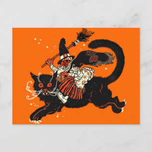 Carte Postale Vieille sorcière vintage montant un chat noir