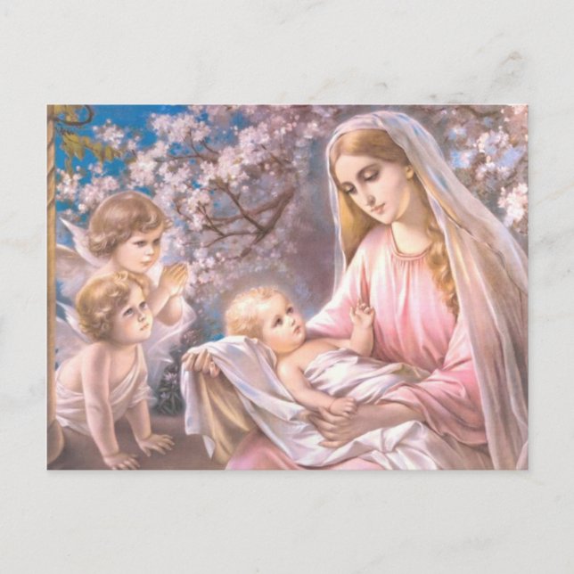 Carte Postale Vierge Marie et Bébé Jésus avec anges priants (Devant)