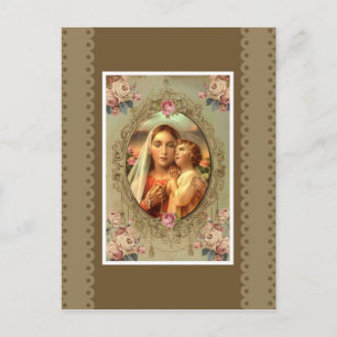 Carte Postale Vierge Marie Madonna Enfant Jésus Rosaire Roses