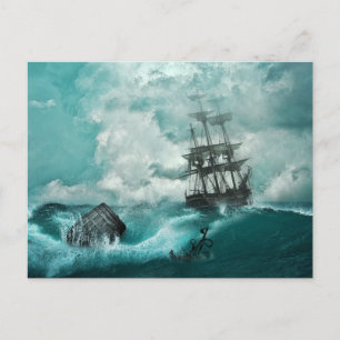 Carte Postale Vieux bateau pirate Ancre Vibrant Blue Stormy Sea