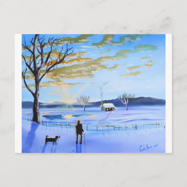 Carte Postale Vieux homme et son chien peinture de neige d'hiver (Devant)