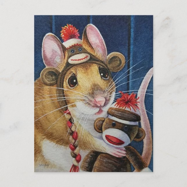 Carte Postale Vieux jouet de Noël Chaussette Singe Souris Art (Devant)