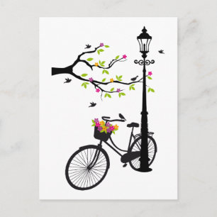 Carte Postale Vieux vélo avec lampe, panier de fleurs, oiseaux, 