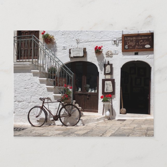 Carte Postale Vieux vélo et vitrine dans les Pouilles (Devant)