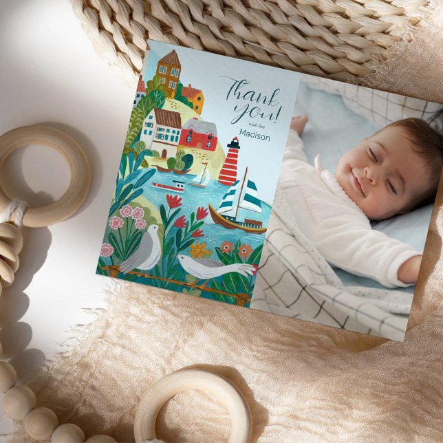 Carte Postale Village côtier Baby shower photo Merci (Coastal Village Baby Shower Photo Thank you Postcard)
