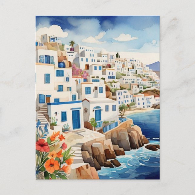 Carte Postale Village de pêche grecque paisible Grèce Mer aquare (Devant)