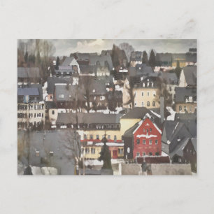 Carte Postale Village d'hiver avec une maison rouge