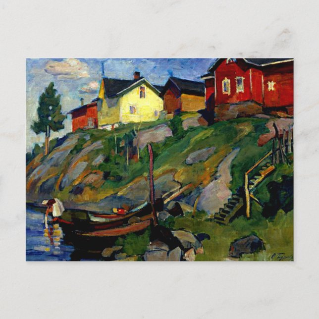 Carte Postale Village en Finlande, peinture d'art (Devant)