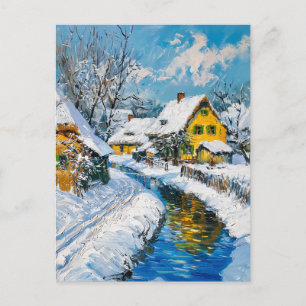 Carte Postale Village enneigé avec ruisseau et arbres peinture f