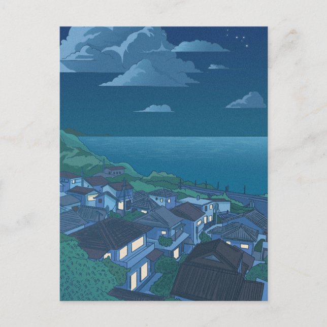 Carte Postale Village mer bleu nuit ciel Anime (Devant)