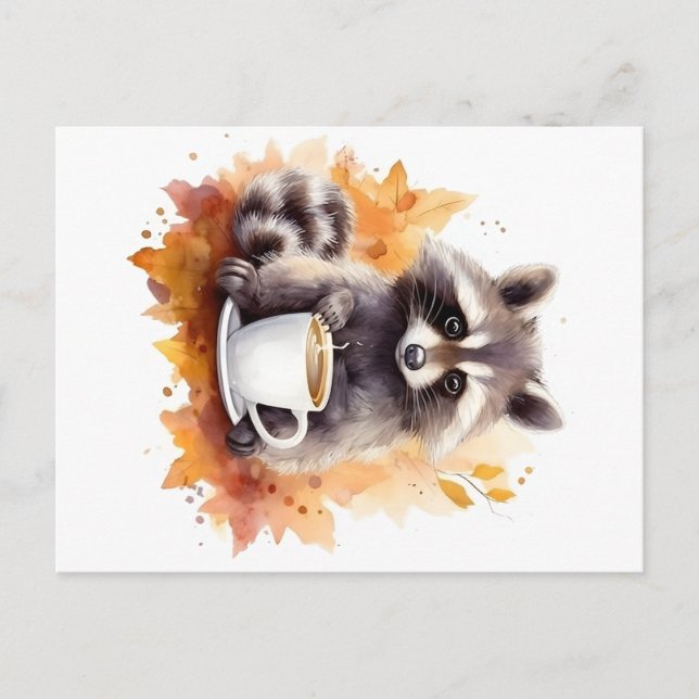 Carte Postale Villes automnales Raccoon avec tasse de café (Devant)