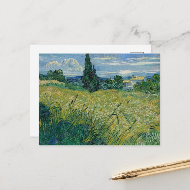 Carte Postale Vincent Van Gogh, Champ de blé vert avec cyprès (Devant/Arrière en situation)