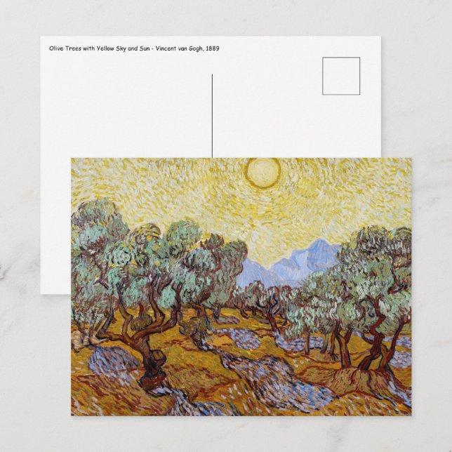 Carte Postale Vincent van Gogh - Oliviers, ciel jaune et soleil (Devant / Derrière)