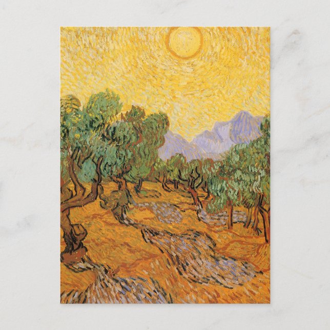 Carte Postale Vincent van Gogh - Oliviers, Ciel Jaune et Soleil (Devant)