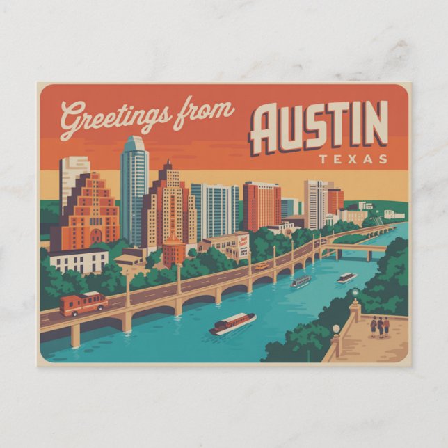 Carte postale vintage Austin | Salutations d'Austi (Devant)