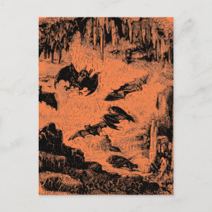 Carte Postale Vintage Bats dans Cave 1800s Bat Halloween Orange