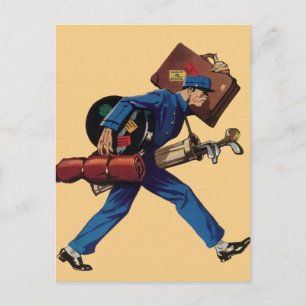 Carte Postale Vintage Bellhop en uniforme, Suitcase and Golf Clu