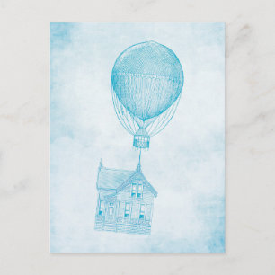 Carte Postale Vintage Blue Hot Air Balloon Moving Cottage