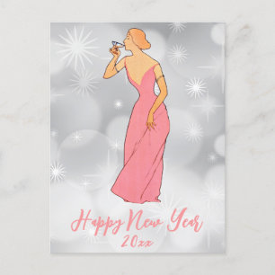 Carte Postale Vintage Bonne Année Art Déco Lady