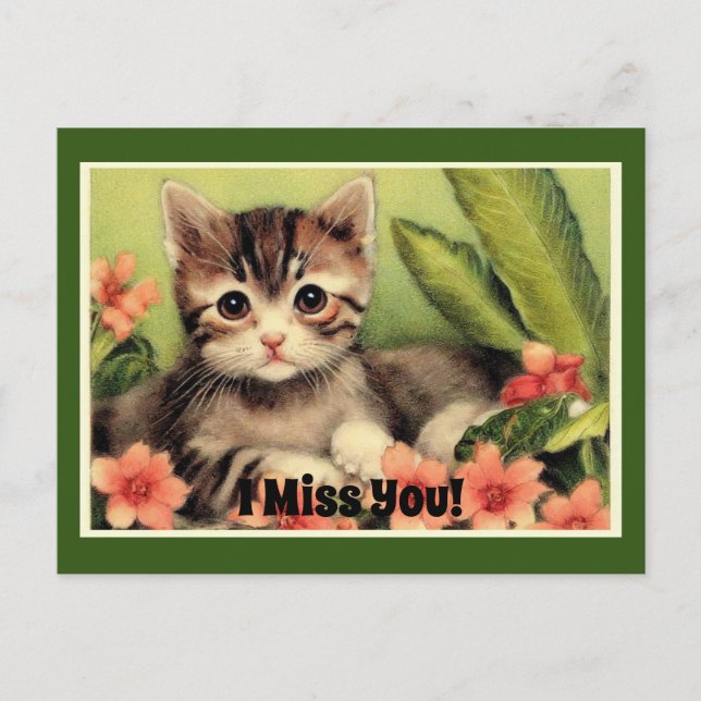 Carte postale vintage chaton dans les fleurs (Devant)
