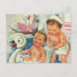 Carte Postale Vintage Children Playing w Bubbles à Swan Bathtub
