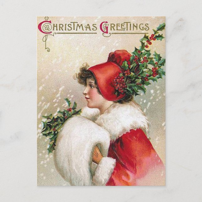 Carte postale Vintage Christmas Holly Lady (Devant)