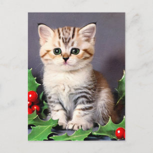 Carte Postale Vintage Christmas Kitten et Holly