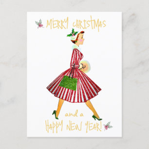 Carte Postale Vintage Christmas lady Joyeux voeux de Noël